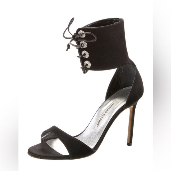 Manolo Blahnik Satin Crystal Embellished Ankle Strap Open Toe Heels Black sz 37 - Picture 2 of 6